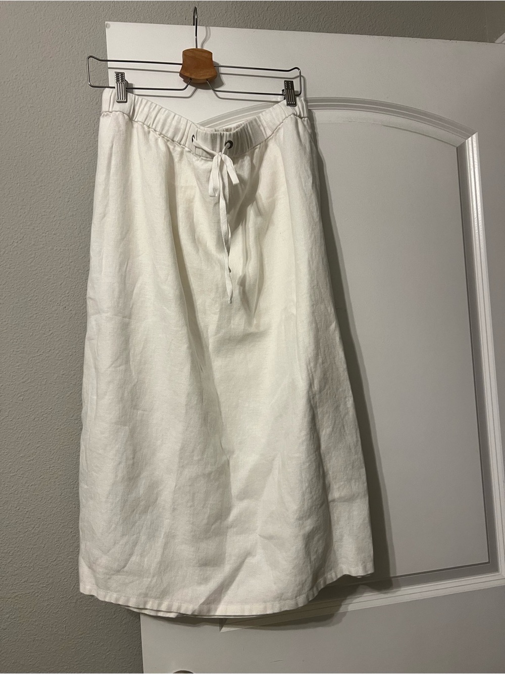 Eileen Fisher Organic Linen White Drawstring Midi Skirt